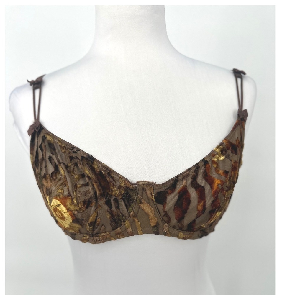 Vintage Vivien Bra 38C Sheer Brown Gold Burnout Velvet Burnout Bow Accents Retro